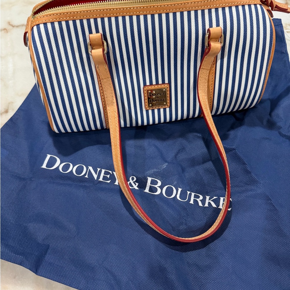 Dooney & Bourke Navy and Tan Striped Satchel barrel bag